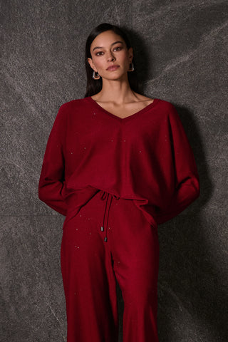 Cherry Red Glitter V Neck Knit Jumper <span>244921F25<span>