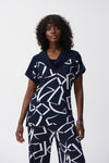 Abstract Print Boxy Navy/White Jersey Top <span>251110<span>