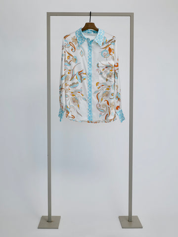 Floral Print Aqua Stretch Silk Shirt <span>6196<span>