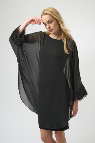 Black Chiffon Cape Dress With Fringe Cuffs <span>254186<span>