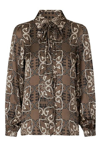 Chocolate Printed Silk Blouse With Tie Neck <span>KIKKIDEA 5794<span>