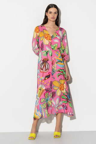 Hot Pink Leaf Print Midi Dress <span>798493/3631<span>