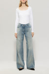 Denim Vibes Ribbed Cotton Long Sleeve White Top <span>318224<span>